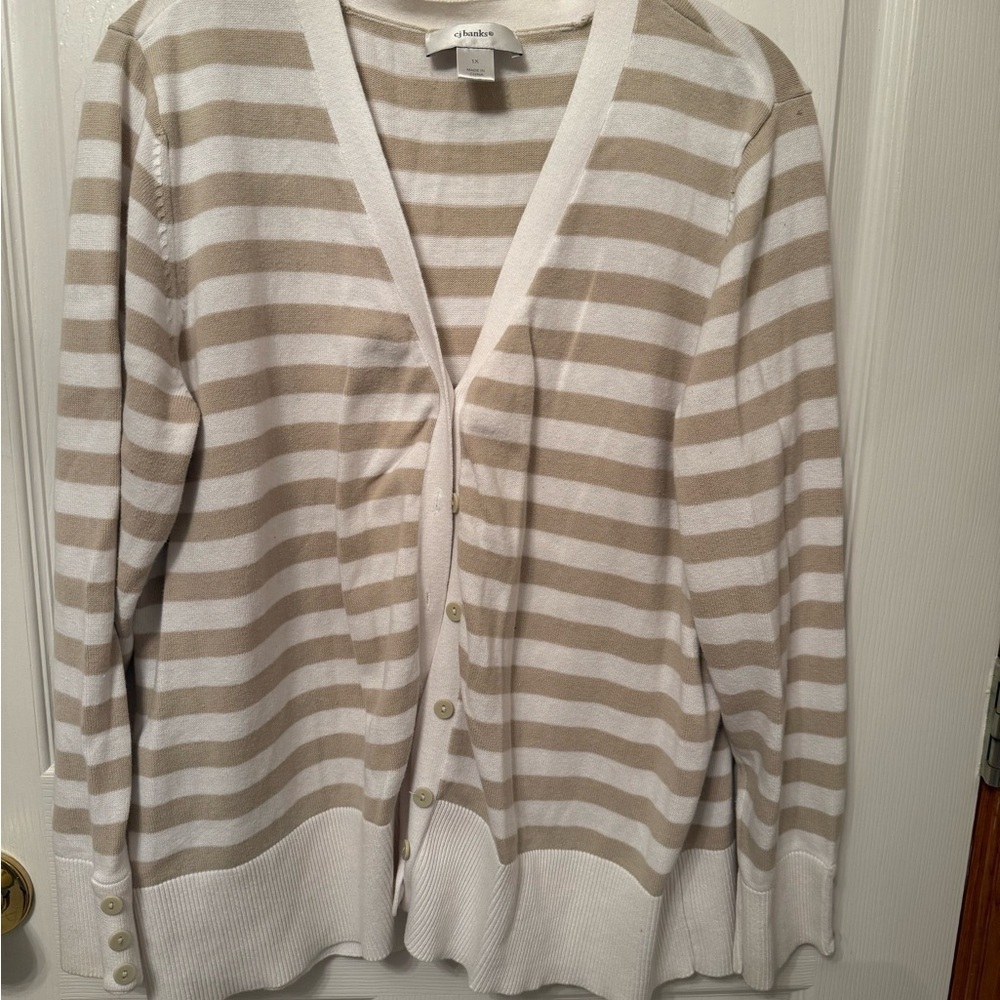 CJ Banks Beige and White Striped Cardigan